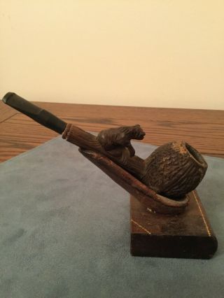 Unique Antique Vintage Wooden Bear Smoking Tobacco Pipe with Stand Old Folk Art 2