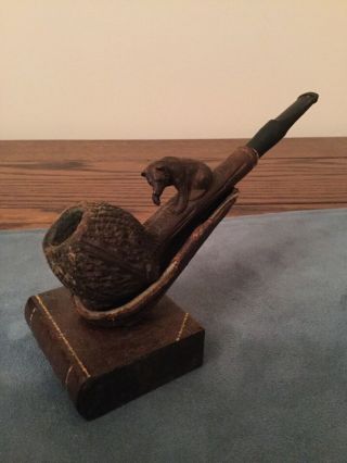 Unique Antique Vintage Wooden Bear Smoking Tobacco Pipe with Stand Old Folk Art 3