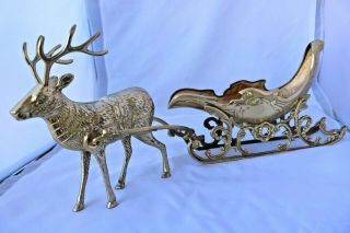 Vintage Christmas Brass Reindeer And Sleigh