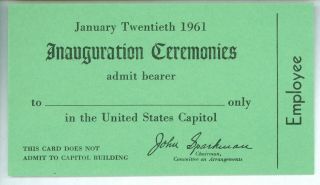 Vintage 1961 President John Kennedy Inaugural Ceremonies Ticket U.  S.  Capitol