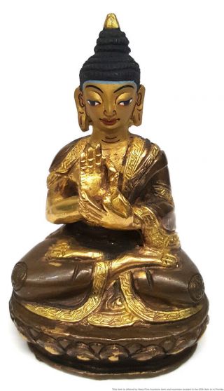 Fine Thai Tibet Chinese Gilt Bronze Cold Painted Buddha Statue Lotus Signed