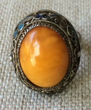 Vintage Chinese Sterling Silver Enamel Amber Ring