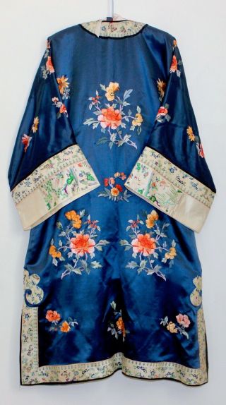 QING Chinese Hand Embroidered Blue Silk Zen Robe Textile Extra Wide Sleeve Bands 3