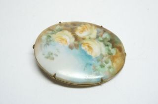 Vintage Victorian Handpainted Yellow Roses Flowers Porcelain Brooch/Pin - C Clasp 2