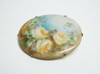 Vintage Victorian Handpainted Yellow Roses Flowers Porcelain Brooch/Pin - C Clasp 3