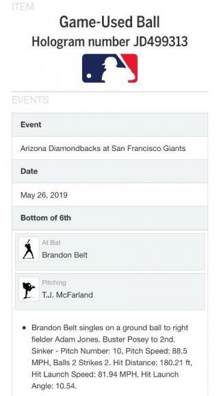 2019 San Francisco Giants Brandon Belt Single Game Ball Longoria 2