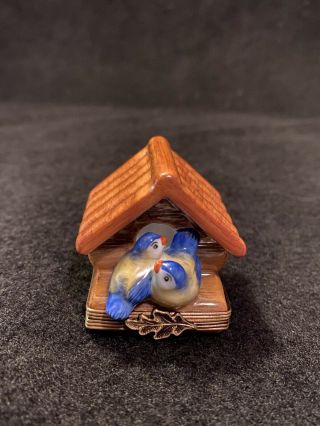 Vintage Limoges France Hand Painted Porcelain Blue Yellow Birdhouse Trinket Box