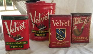 4 Vintage Velvet Pipe & Cigarette Tobacco Tins,  Knob Top Canister & 3 Pocket Tin