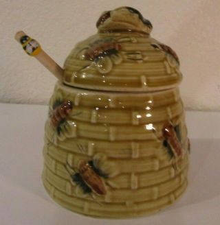 Vintage Bee Hive Honey Pot Jar Ceramic With Dipper Made In Japan