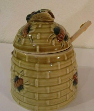 Vintage Bee Hive Honey Pot Jar Ceramic With Dipper Made in Japan 2