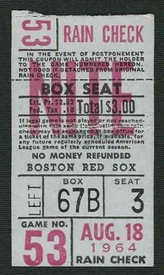 Boston Red Sox Ticket Stub - August 18,  1964 V Orioles - Fenway Park