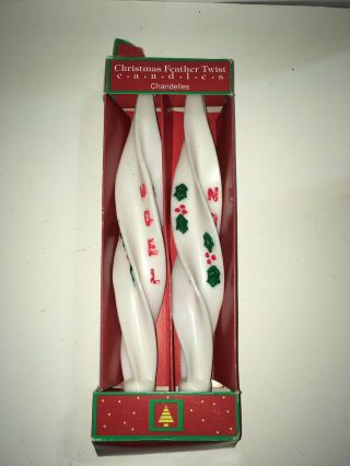 Vintage Christmas Tapered Candle Feather Twist Twisted White Noel Holly Berries