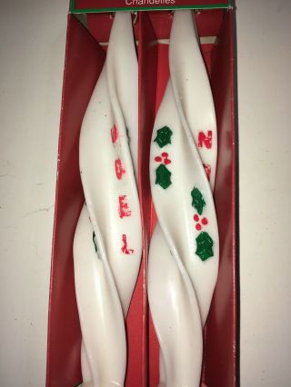 Vintage Christmas Tapered Candle Feather Twist Twisted White NOEL Holly Berries 2
