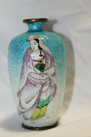 Gorgeous Japanese Cloisonne Ginbari Foil Background 3 1/2 " Vase Lady