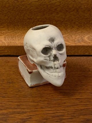 Rare Vintage Miniature Porcelain Bisque Skull On Book Match Holder Made In Japan