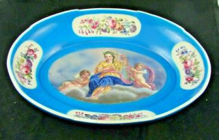 Antique Sevres Oval Dish Plate - Blue Celeste With Painted Romantic Scenes