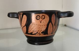Ancient Greek Red Figure Pottery Owl Skyphos 4th Century Bc Wine Cup