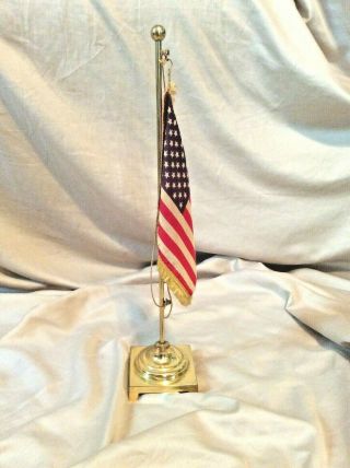 Vintage Desk Top Miniature 50 Star American Flag W/ Brass Stand Gold Fringe