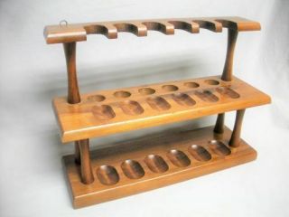 Vintage 2 Tier Walnut Wood Tabaco Smoking Pipe Rest Stand Holder 12 Pipes Retro
