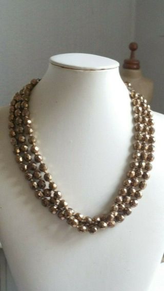 Czech Vintage Art Deco 3 Rows Gilded Faceted Glass Bead Necklace