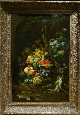 Huge 17th Century Old Master Style Still Life Flowers & Fruit Birds Oil Painting
