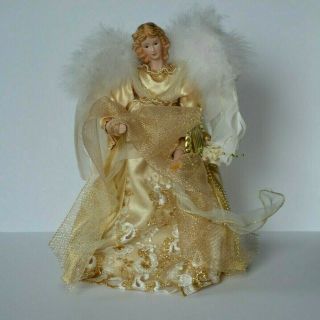 Vintage Christmas Angel Tree Topper Gold W/ Feathered Wings 12 " Tall
