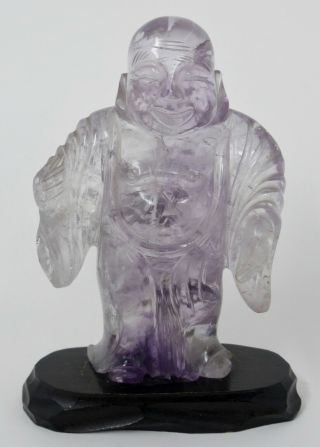 Chinese Carved Amethyst Buddha 100 Natural Stone On A Wood Stand