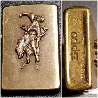 1995 Zippo Marlboro Brass Lighter W/ Cowboy And Bucking Bronco