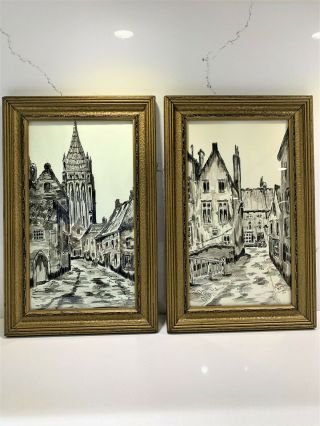 Set Of 2 Vintage Paintings Black And White Old City Streets Signed Vikki 74