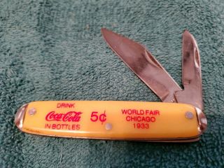 Vtg Coca Cola World Fair 1933 Chicago Double Blade Pocket Knife Yellow K31