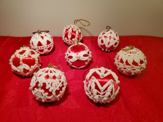 8 Vintage Christmas Tree Ornaments Hand Crochet White & Red Silk Balls Hat Pins