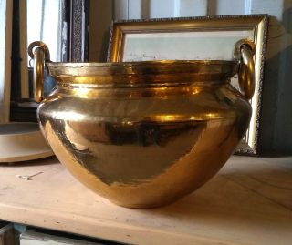 Large Heavy Brass Planter Jardiniere With Ring Handles