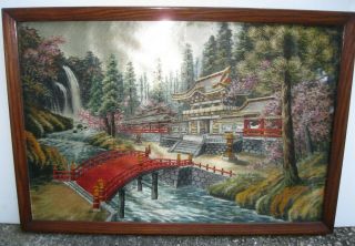 Vintage Japanese Silk Embroidered Crewel Work Picture 13x19 " Wood Frame