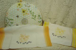 Bee Happy Machine Embroidered On Vintage Linen Towels (2) & Bee Themed Tea Cozy
