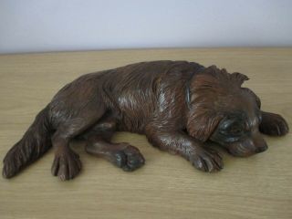 Large 12 " Antique Black Forest Laying Dog St Bernard Swiss Wood Carving