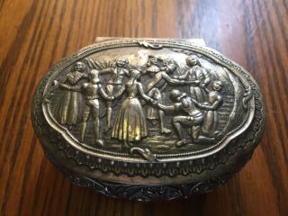 Vtg Metal Trinket Box Silver Tone Repousse Decorated Footed