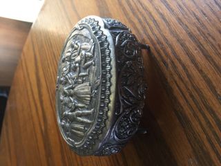 Vtg metal trinket box silver tone repousse decorated footed 2