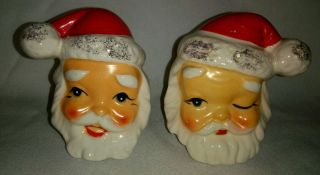 Vintage Santa Claus Head Salt Pepper Shakers 3 - 1/2 " Winking Ceramic Japan