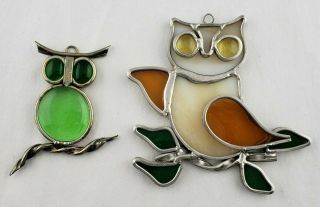 2 Vintage Owl Leaded Stained Glass Suncatchers