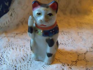 Rare Antique Vtg Porcelain Japanese Maneki Neko Lucky Cat Bisque Japan