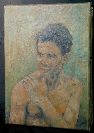 Vintage Antique Style Oil Painting Cute Young Shirtless Male Boy Man Signed