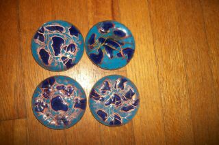 4 Vintage Enamel On Copper Abstract Modernist Mid Century Plates Blue Signed