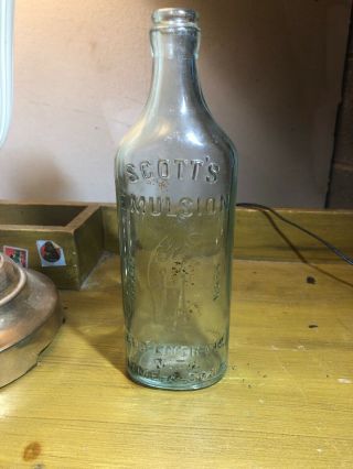 Vintage Scott’s Emulsion Cod Liver Oil Bottle With Fish & Fisherman