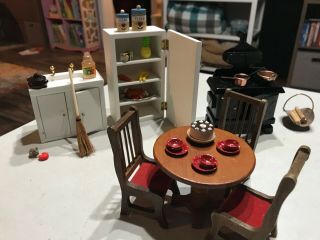 Vintage Wooden Miniature Doll House Furniture Kitchen Set And Accessories