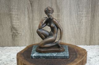 Marcel Bouraine Art Deco Bronze & Marble Sculpture Of Nude Lady Sitting Statue