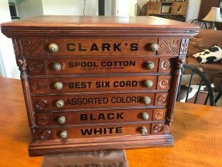 Antique Country Store Display Clark’s Six Drawer Spool Cabinet Birds On Sides
