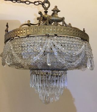 Antique French Empire Crystal Beaded Basket Wedding Cake Chandelier 20” Wide