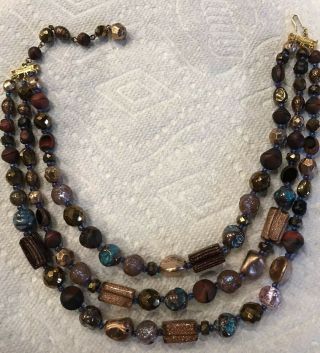 Vintage Hattie Carnegie Triple Strand Bead Necklace Copper,  Turquoise,  Gold