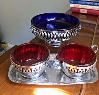 Vintage Red Glass Relish Dish & Blue Dish W/metal Holder - Made In England