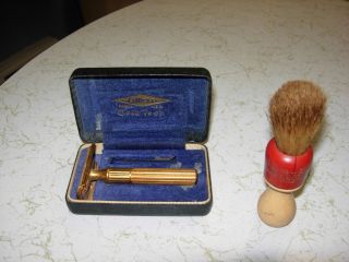 Vintage Gillette Gold Tech Razor With Gold Plated Blade Box And Bristle Brush